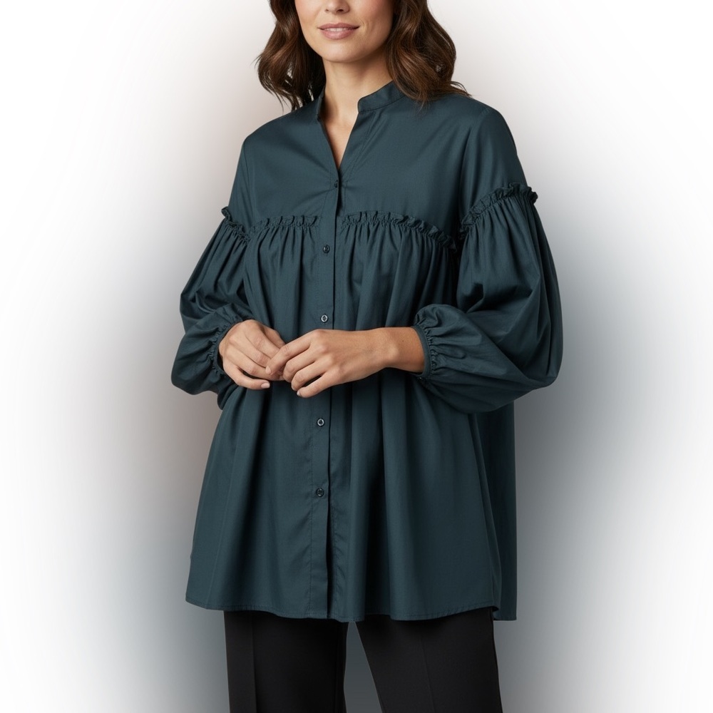 Mango Teal Peasant Tunic Blouse